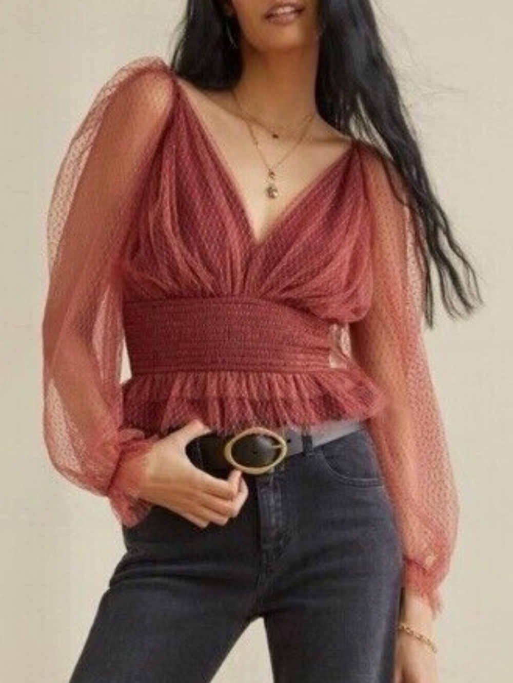 Anthropologie Sheer Wine V-Neck Peplum Blouse